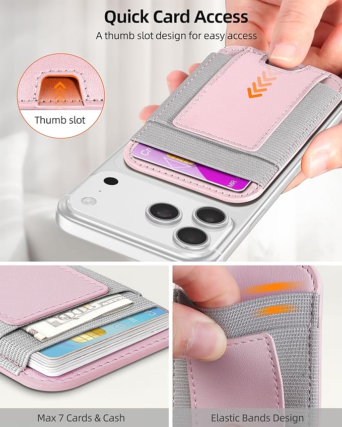 ExtreLife Upgraded for Magsafe Wallet, Stronger Magnetic Wallet for iPhone 17/16/15/14/13/12 Series, Magnetic Card Holder with 2 Card Slots, Slim, RFID Blocking, Vegan Leather, Fit 7 Cards, Pink
