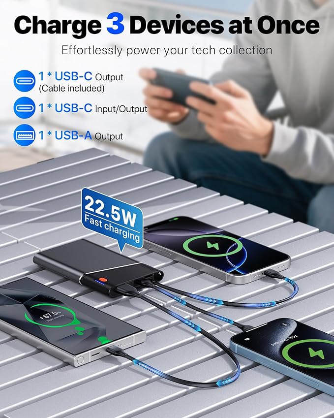 Portable Charger Power Bank, 10000mAh 22.5W PD Fast Charging Powerbank with Built-in USB C Cable, Slim External Phone Battery Pack for iPhone 17/16/15 Samsung S24 Android etc (Grey)
