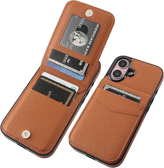 KIHUWEY Compatible with iPhone 16 Case Wallet with Credit Card Holder, Flip Premium Leather Magnetic Clasp Kickstand Heavy Duty Protective Cover for iPhone 16 6.1 Inch (Lichee Light Brown)