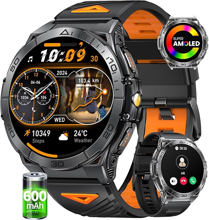 SUNKTA Military Smart Watch for Men,600mAh Battery/1.6" AMOLED Screen/5ATM Waterproof Smartwatches (Answer/Dial Calls) Fitness Tracker with Sleep Tracking/Heart Rate/Blood Oxygen for Android/iOS