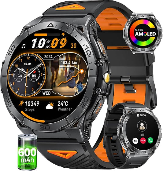 SUNKTA Military Smart Watch for Men,600mAh Battery/1.6" AMOLED Screen/5ATM Waterproof Smartwatches (Answer/Dial Calls) Fitness Tracker with Sleep Tracking/Heart Rate/Blood Oxygen for Android/iOS