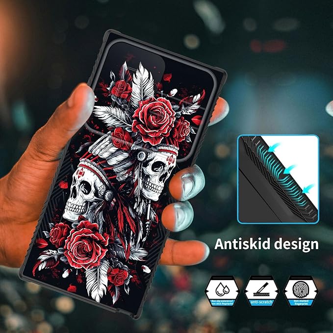 for Galaxy S25 Ultra Case Built in Slide Camera Lens Cover,Heavy Duty Shockproof Protection Dual Layer Case for Samsung Galaxy S25 Ultra 6.9" 2025,Skull Art with Feathers and Roses