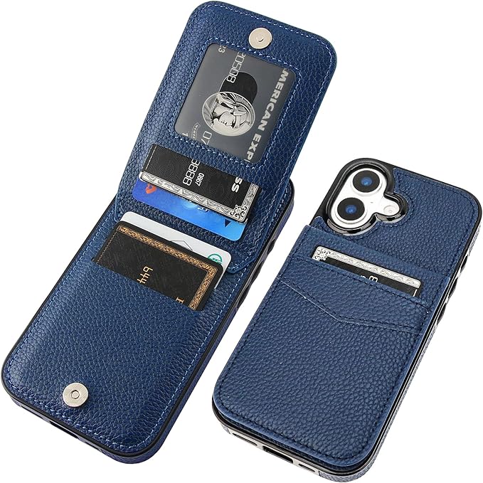 KIHUWEY Compatible with iPhone 17 Case Wallet with Credit Card Holder, Flip Premium Leather Magnetic Clasp Kickstand Heavy Duty Protective Cover for iPhone 17 6.3 Inch (Lichee Blue)