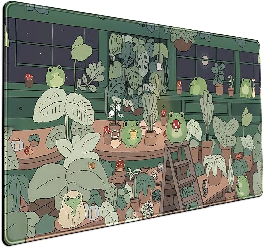 Cute Frog Mouse Pad Desk Pad Kawaii Green Decor Mat, Large Gaming Mouse Pad for Desk Computer Keyboard Laptop, Desk Decor Home Office Accessories for Girl (31.5x15.7 in) with Stitched Eges Pad