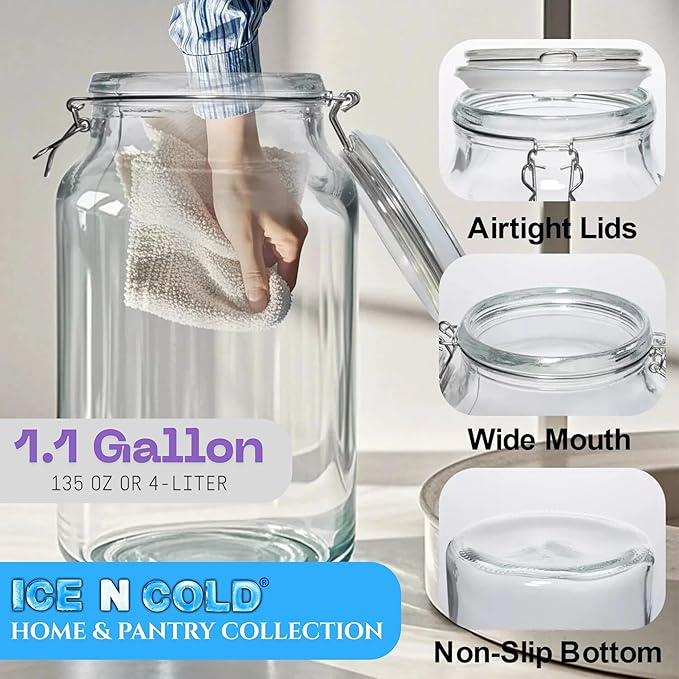 Airtight Glass Storage Jars with Clamp Lid – Food Storage Containers with Rubber Gasket Seal – Pantry & Kitchen Canisters for Dry Goods, Coffee, Sugar, Pasta – 0.4L to 4L Sizes (6, 135oz | 4L)