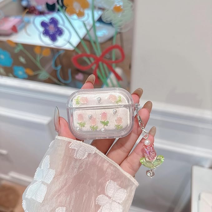 JANDM 3D Tulip for AirPods Pro 3 Case with Keychain, Clear Glitter Pink Floral Design, Shockproof Protective Cover for Women Girls with Flower Charm Strap