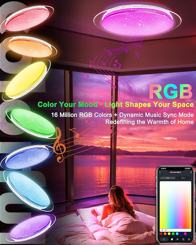 WF-Version LED Ceiling Light with Speaker 40W 15Inch Control via app/Voice/Remote Adjustable Brightness & Color Temperature Ceiling Lamp RGB Ambient Lighting for Bedroom Kids Room and More
