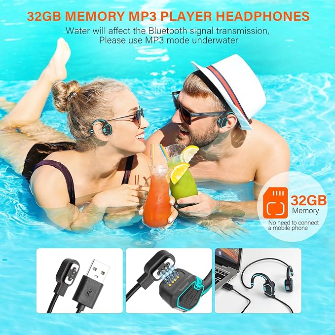 Bone Conduction Headphones Swimming Headphone - IP68 Waterproof Open Ear Headphones with MP3 Play 32G Memory Inductive Wireless Bluetooth Sports Headset for Running Swimming (Blue)