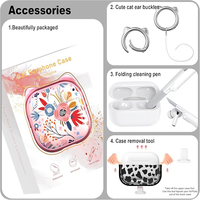 RFUNGUANGO AirPods Pro Case for Women Girly Cat Case with Lock, Phone Stand, Keychain & Cleaner Kit, Compatible with Apple Airpods Pro 2nd/1st Generation Case Cover, Transparent Leopard Print