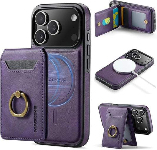 Wallet Case for iPhone 17 Pro, 2 in 1 Strong Magnetic Detachable, Shockproof Phone Case Compatible with MagSafe, Slim Leather Wallet RFID Blocking 5-Card Holder Ring Grip Stand (Purple)