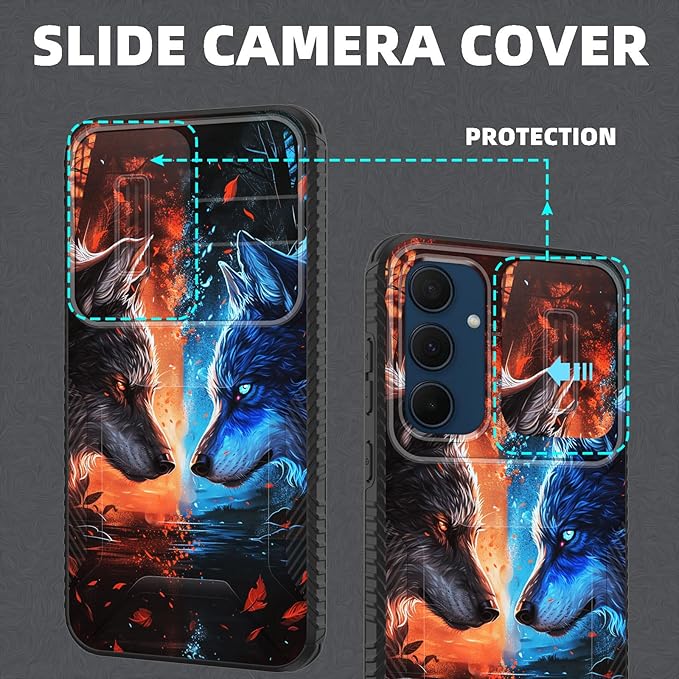 for Galaxy A35 5G Case Built in Slide Camera Lens Cover,Heavy Duty Shockproof Protection Dual Layer Case for Samsung Galaxy A35 5G 6.6 inch 2024,Cool Wolf