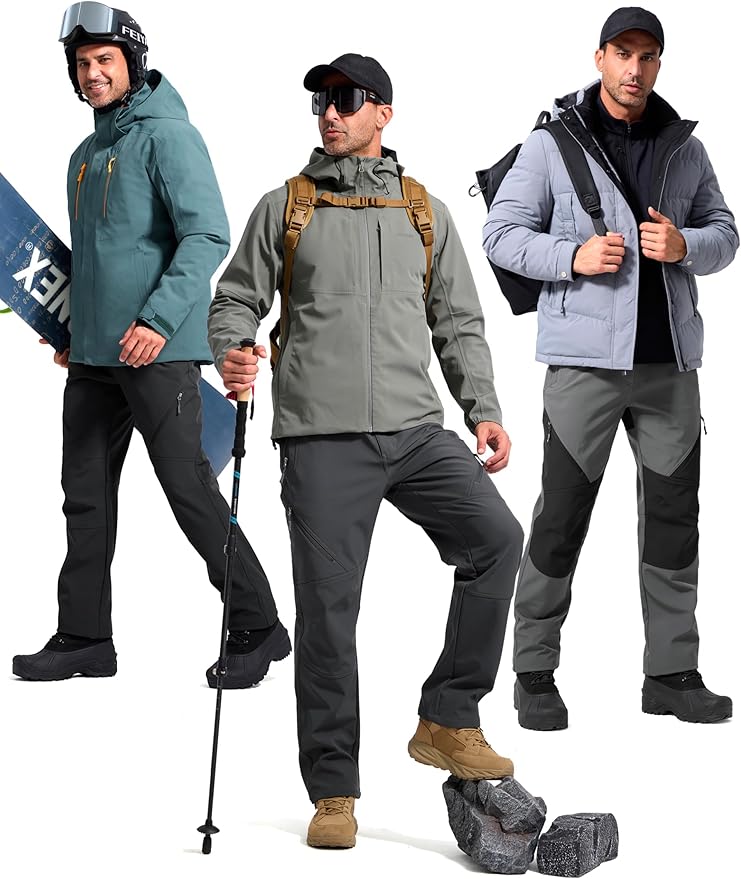 FREE SOLDIER Men's Fleece Lined Outdoor Cargo Hiking Pants Water Repellent Softshell Snow Ski Pants with Zipper Pockets