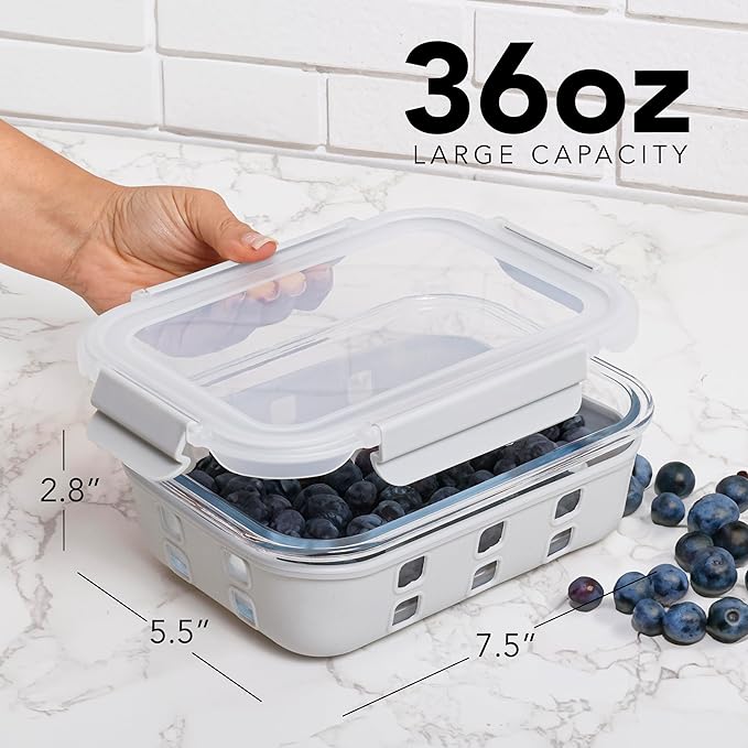 ECOBERI 4.5 Cup Glass Meal Prep Containers with Lids & Silicone Sleeves, 5-Pack Airtight, Leak-Resistant Food Storage Containers for Fridge, Freezer, Oven & Microwave