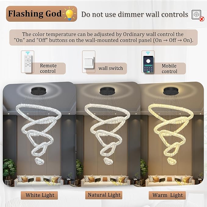 Flashing God H118 Modern Large Chandelier for Foyer 5 Rings Crystal Chandelier Stairway Chandeliers LED Dimmable Crystal Pendant Light for Living Room Entrance Hallway Black