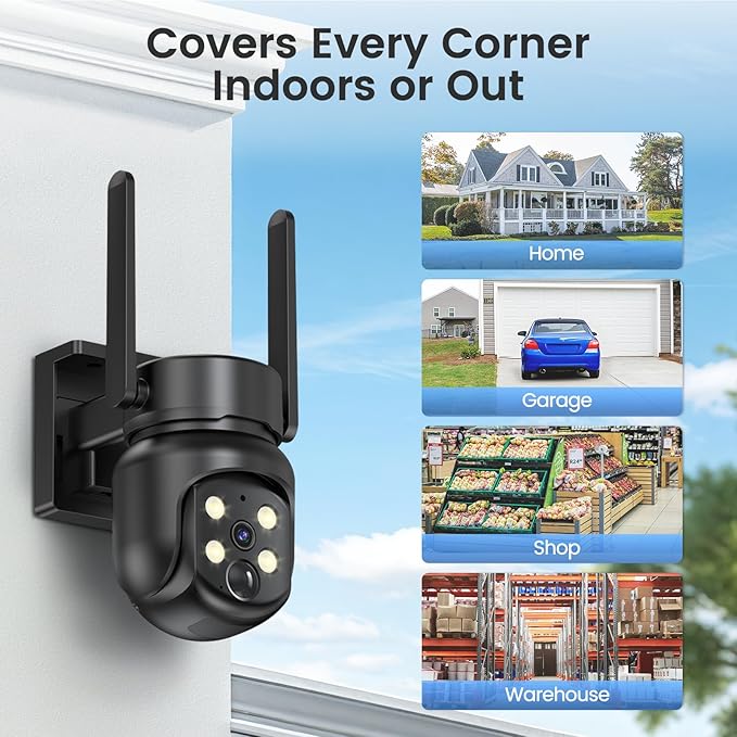 2.4G/5G WiFi 6 Wireless Outdoor 360° View Security Camera, 2K, Solar Powered 4MP, Color Night Vision, AI Human Detection, Pan/Tilt, Spotlight & Siren, 2-Way Talk, Cloud/SD Storage, IP65