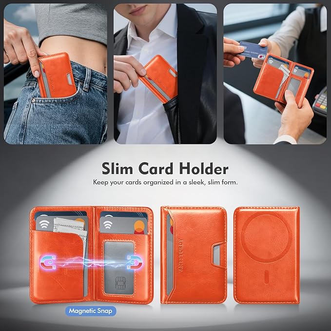 Antsturdy for Magsafe Wallet Stand with Holder,PU Leather RFID Blocking Card Holder,5 Card Slots,Strong Magnet Minimalist Flip Folio Kickstand for iPhone 17/16/15/14/13/12/Pro/Max/Plus/Air,Orange