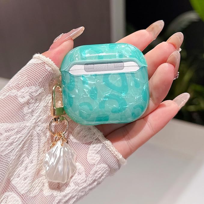 for Airpod 4 Cute Case with Shell Pearl Keychain Luxury Aesthetic Leopard Hard Protective Cover Compatible with AirPods 4th Generation Case 2024 for Girls Women (Turquoise Blue)