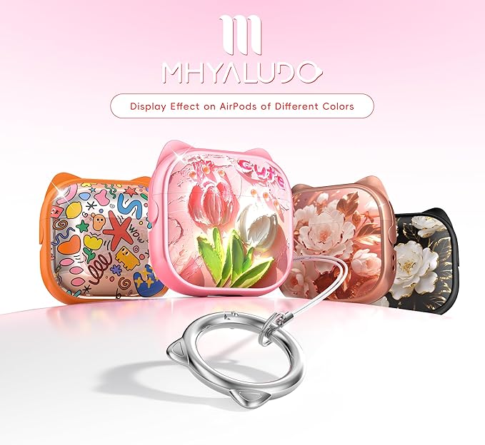 for AirPods 4 Case with Cleaning Kit, Cute Cat Ear Print Design & Cute Buckle, Inverted Phone Holder Design, Top Safe Lock Buckle Design, for Girls AirPods 4 case 2024, Tulip