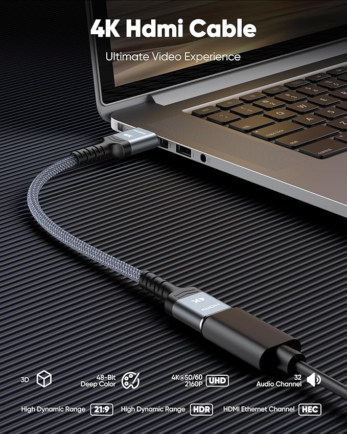 Highwings Short HDMI Cable, 1.06ft Total Length, 0.69ft Cable Length, HDR Braided HDMI Cord, 4K HDMI Cord High Speed with Ethernet/ARC, 3D, HDCP 2.2, Compatible for Monitor,PC and More