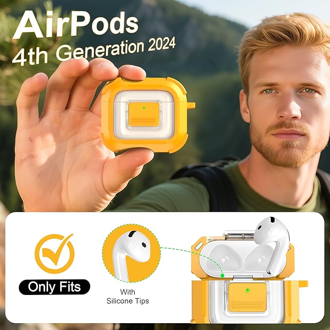 RFUNGUANGO for AirPods 4 Case, Compatible with AirPods 4th Generation Case (2024), Compatible with MagSafe, Magnetic Automatic Lock with Cleaner Kit and Keychain, Front LED Visible, Yellow