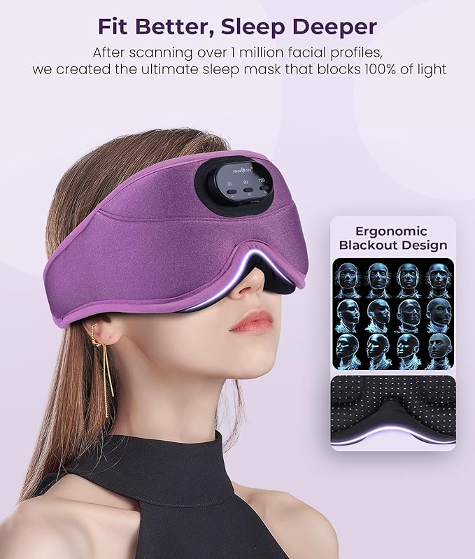 MUSICOZY 3D Bluetooth Sleep Mask with Headphones and Timer, Wireless Sleep Headphones for Side Sleepers, Eye Mask with Bluetooth Headphone, 2 Packs