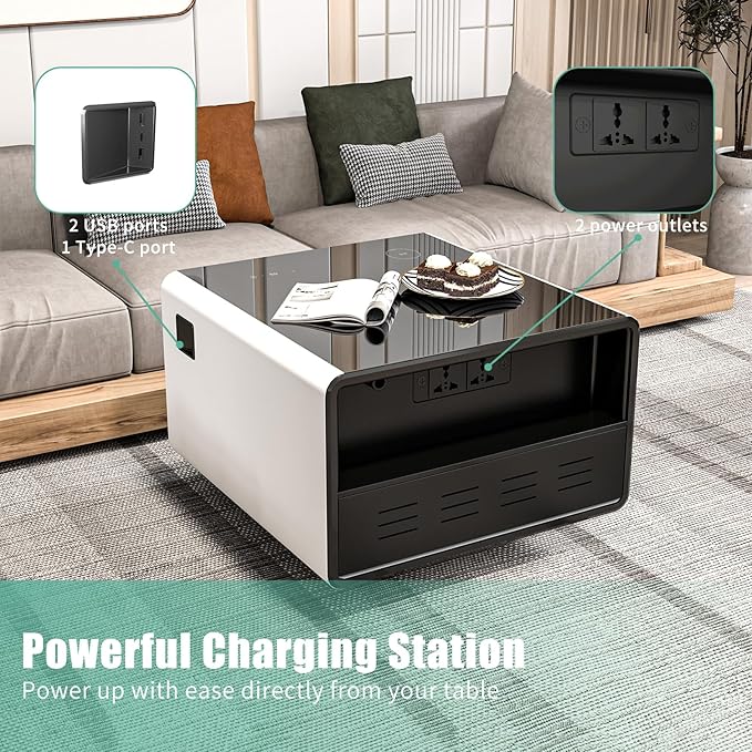 Smart Side Table with Fridge, Smart Nightstand with Refrigerator, Induction Light, Temperature Control, Wireless Charging, Power Socket, USB Ports, Outlet Protection (White, LT65 Pro)