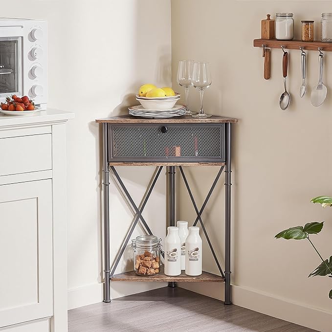VECELO Corner Table/Cabinet with Flip Door and Storage Shelves, Free-Standing Organizer for Compact Space in Living Room/Study/Lobby/Bedroom,Industrial