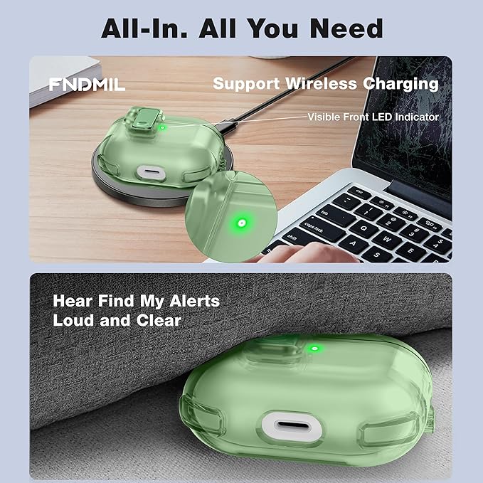 Clear Case for AirPods 3 Case Cover with [Lock Safety & Pop Up][Military Shockproof] Anti-Yellow Transparent Soft TPU Wireless Charging for AirPods 3 Generation Case with Keychain, Clear Green