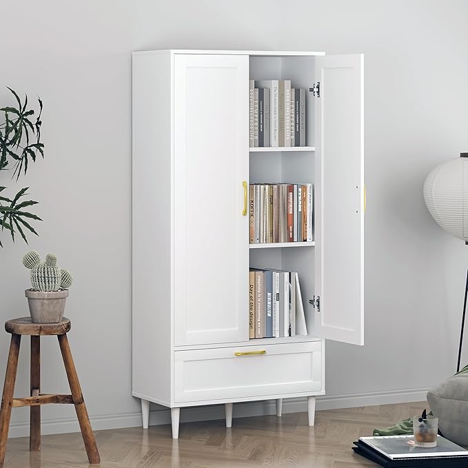 60" Tall Wooden Storage Cabinet with Adjustable Shelves, Large Capacity Freestanding Pantry Cabinet for Living Room, Kitchen, and Dining Room,White