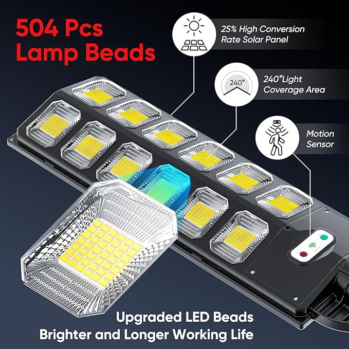Solar Street Lights Outdoor Waterproof, IP66 15000LM 6500K Solar Flood Lights Dusk to Dawn Wide Angle Motion Sensor and Remote,Upgrade Fixing Rod (2 Pack)