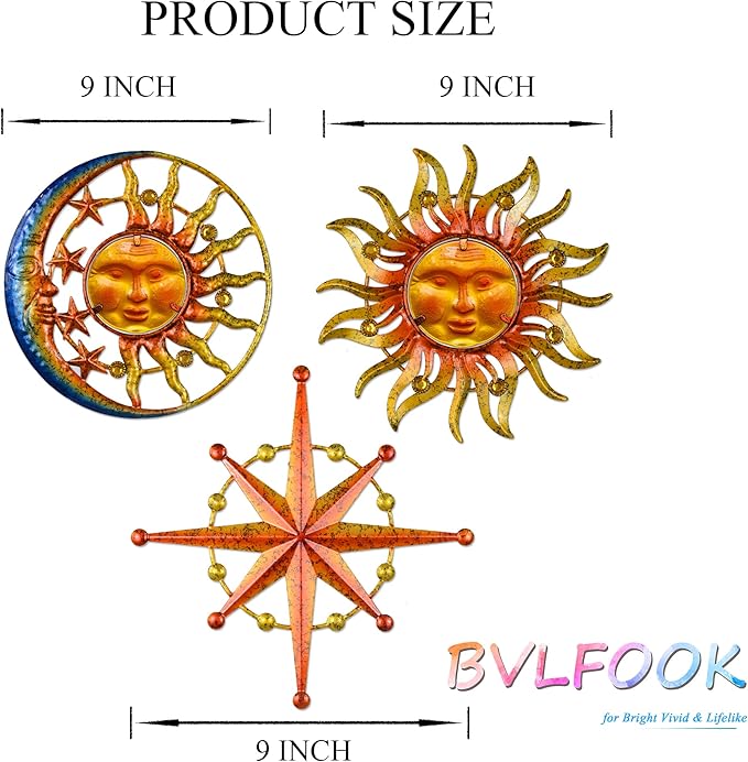 Sun Moon Star Metal Wall Art, Glass Sun Face Weird Decor, Set of 3, Indoor Outdoor Wall Decor for Patio Garden Balcony Porch Yard, Farmhouse Bedroom Living Room Wall Decorations