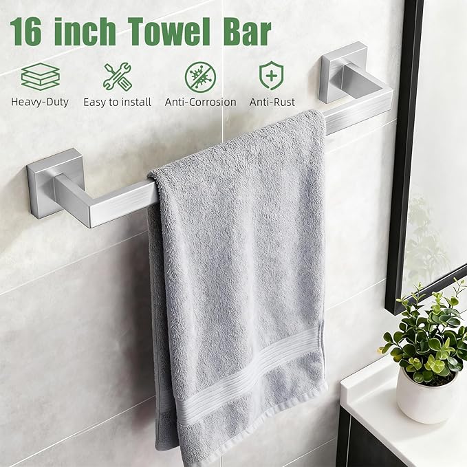 Brushed Nickel Bathroom Accessories Hardware Set, 7-Pieces Stainless Steel Towel Racks for Bathroom, 16 Inch Towel Bar, Towel Holders, Updated Toilet Paper Holder with Shelf Wall Mounted