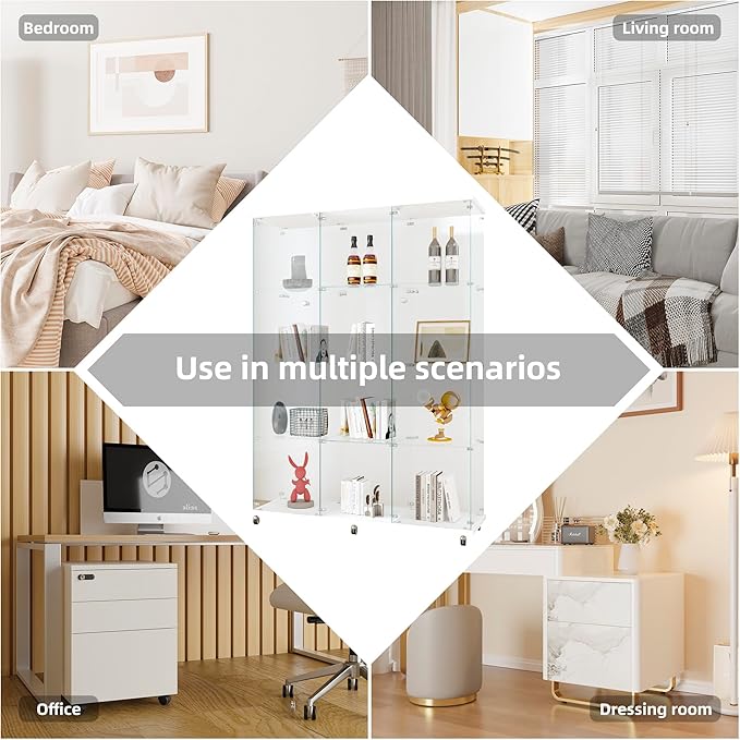 LFT HUIMEI2Y Glass Display Cabinet 12 Shelves with 3 Columns 2 Doors and Lock, Extra Large DIY Curio Cabinets Quick-Install Style Tempered Glass Floor Standing Bookshelf for Living Room, Kitchen White