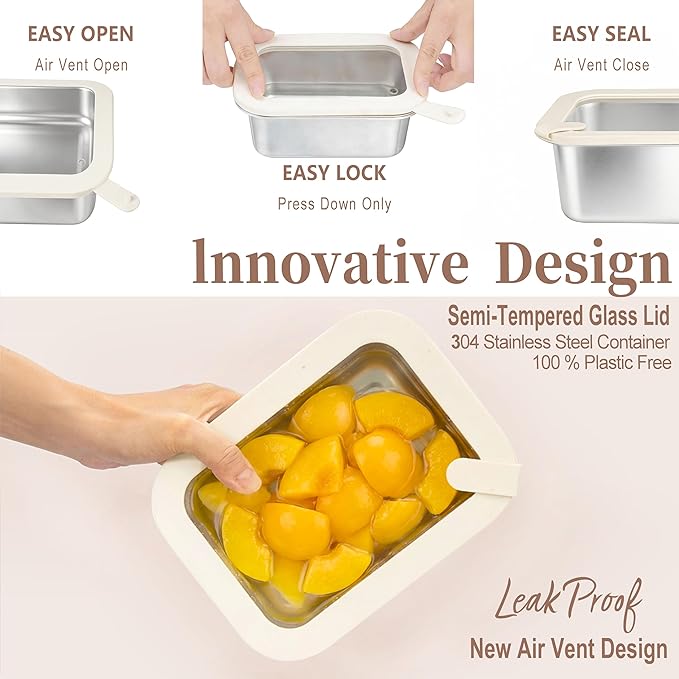 Stainless Steel Food Containers with Glass Lid, Airtight Leakproof Stainless Steel Storage Containers in set of 4, Rectangle Shape, Microwave Safe Food Container Set, 100% Plastic Free, BPA Free
