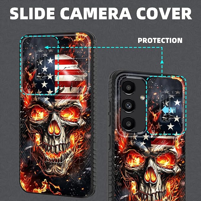 for Galaxy S25 Case Built in Slide Camera Lens Cover,Heavy Duty Shockproof Protection Dual Layer Case for Samsung Galaxy S25 6.2" 2025,American Flag Flame Skull