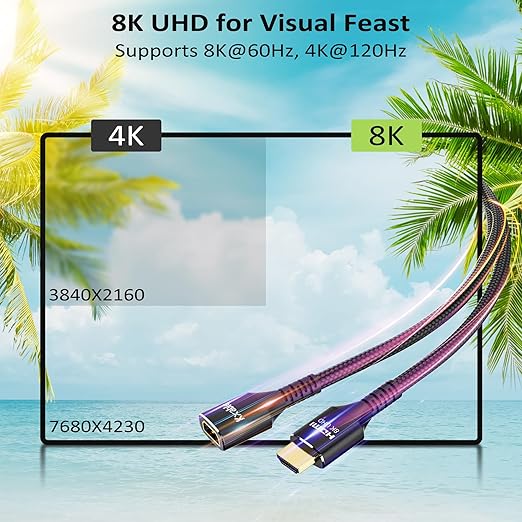 8K HDMI Extension Cable 10 FT, HDMI 2.1 Ultra High Speed Male to Female Cord Adapter, OFC Conductor, Compatible with Roku TV Stick PS5 PS4 Xbox Laptop PC Player Google Chromecast Wii U HDTV