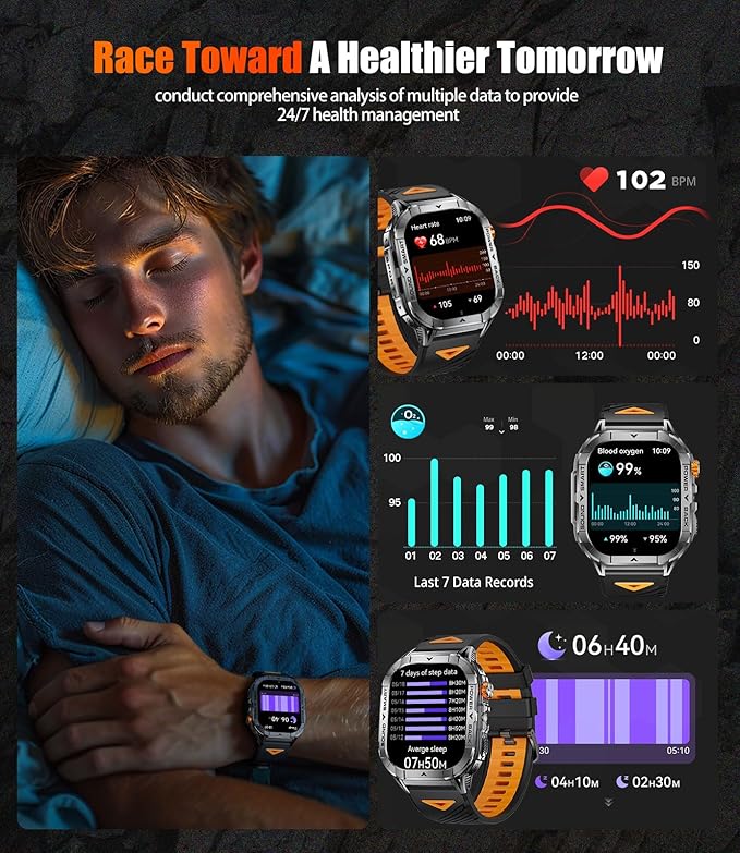 SUNKTA EF17 Military Smart Watch for Men, 2.13'' Amoled HD Display Fitness Tracker Watch with LED Flashlight, Pedometer/100+ Sport Modes/Sleep/5ATM Waterproof Smartwatch, iOS Android Smart Watches