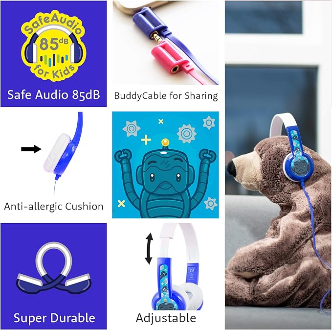 BuddyPhones Discover, Volume-Limiting Kids Headphones, Comfortable and Durable, Built-in Audio Sharing Cable, Compatible with Fire, iPad, iPhone, and Android Devices, Blue