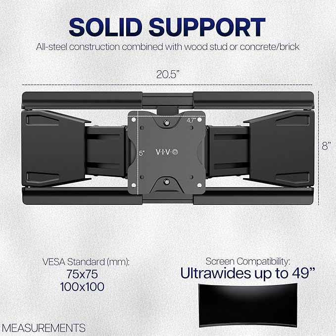 VIVO Telescoping Ultrawide Monitor Wall Mount, Fits up to 49 inch Ultra-wides, Holds 44 lbs, Adjustable Low Profile VESA Bracket, Black, Mount-VWLP2