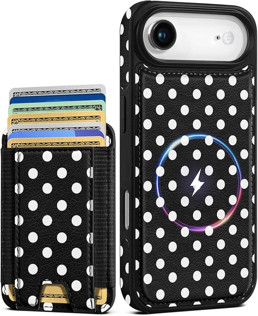 Shorogyt for iPhone Air Wallet Case - Fits 5 Cards, Compatible with Magsafe Detachable Magnetic Credit Card Holder Leather Cardholder Cute Phone Cover Women Girls for Apple 17 Air, Polka Dots