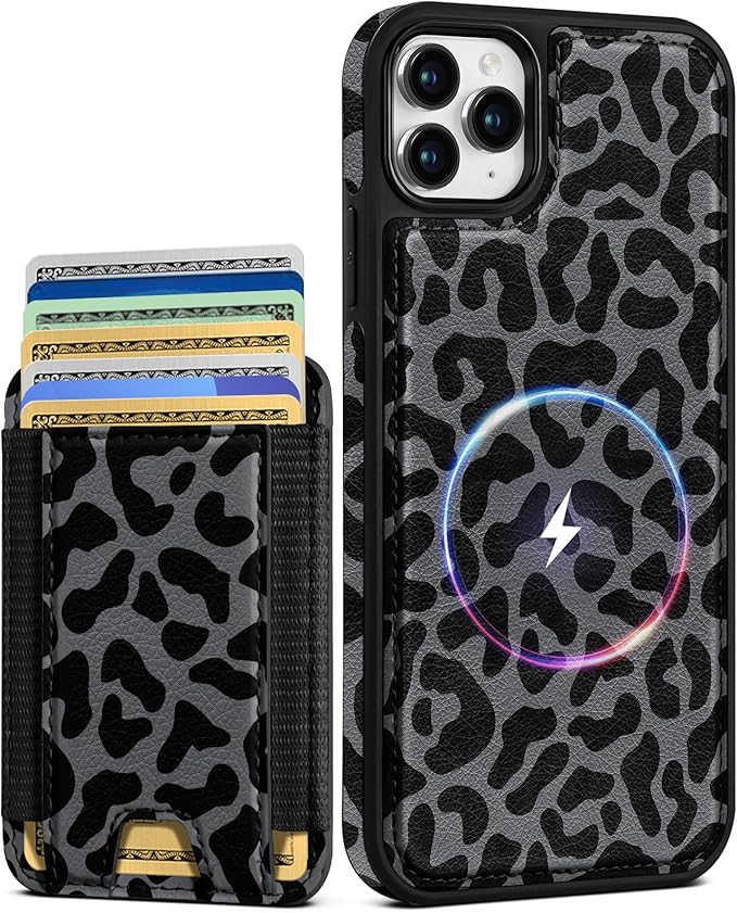 Shorogyt for iPhone 11 Pro Max Wallet Case - Fits 5 Cards, Compatible with Magsafe Detachable Magnetic Credit Card Holder Leather Cardholder Cute Phone Cover Women Girls for Apple 11 ProMax, Leopard