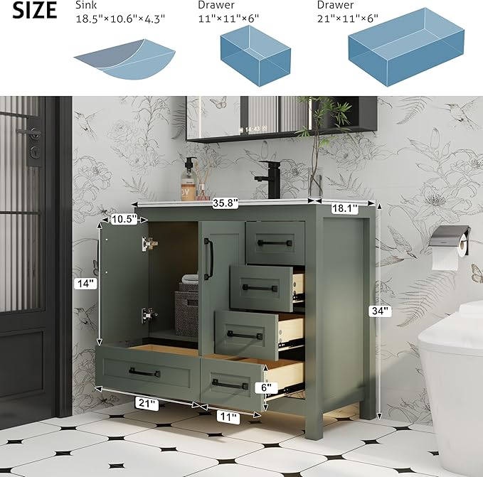 eclife 36" Bathroom Vanities with Sink Combo, Modern Thickened Wood Bathroom Storage Cabinet w/Undermount Sink, Matte Black Faucet Drain, Painted Surface, Green