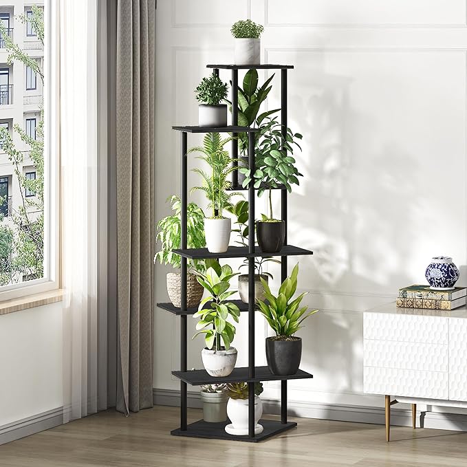 Plant Stand Indoor 7-Tier Metal Wood Plant Shelf for Multiple Flower Pots Corner Tall Flower Holders for Living Room Balcony Bedroom, Black