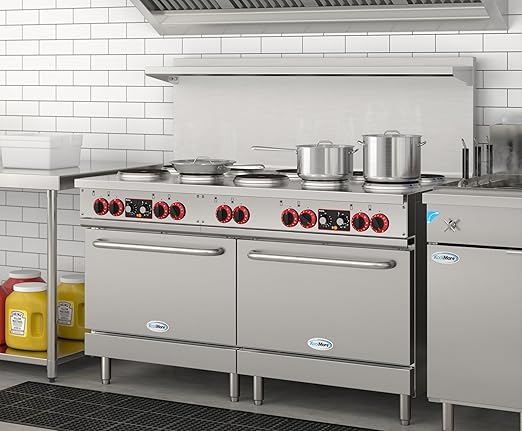 KoolMore KM-CR60-E 60 in. Commercial Range with 10 Burners and 2 Standard Electric Ovens in Stainless Steel-208V 3-Phase, CSA Listed, Solid Black