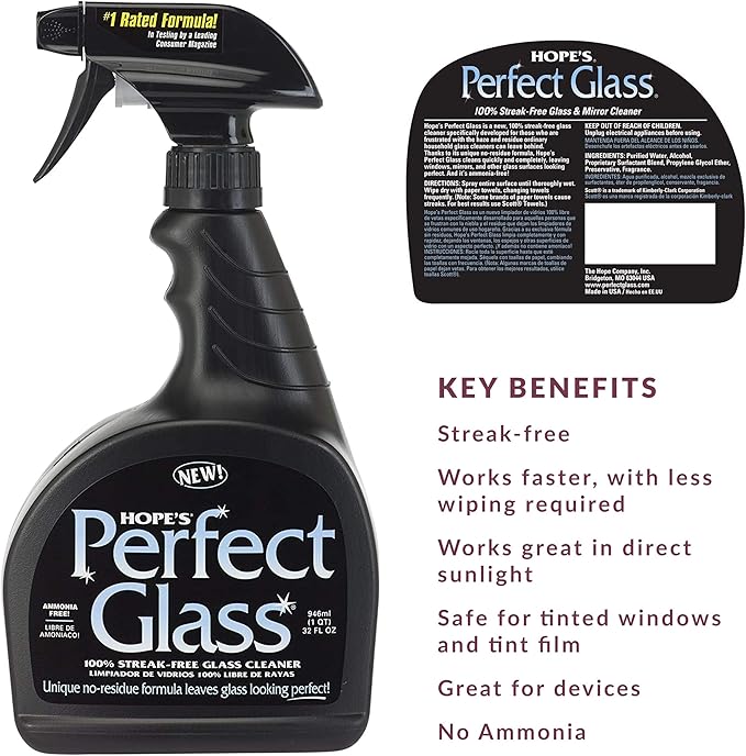 HOPE'S Perfect Glass Cleaner Spray, Streak-Free, Ammonia-Free Window, Mirror, Screen, Tinted Glass, and Shower Door Cleaner, Indoor and Outdoor Glass Surfaces, 32 Fl Oz, Pack of 1