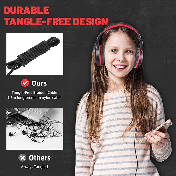 Wired Headphones with Type C Cable for Boys Girls Kids Youth, USB-C Headphones Lightweight Portable Compatible with Pad Phone for Adults Student Children Black Red