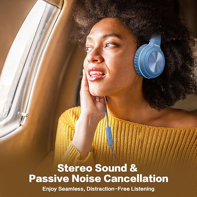 SIMOLIO Over-Ear Kids Headphones with Microphone and Volume Limited Plug in Headphones Wired, Foldable Corded Stereo 3.5mm Headset for Smartphones Chromebook Laptop Computer PC Tablets Travel (Blue)