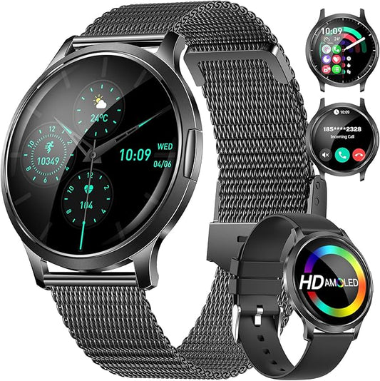 DREMAC Smart Watch(Make Call/Thin),1.32'' Amoled Curved Display for Android iPhone,Smart Watches for Women with Heart Rate Monitor,Sleep Monitor,Pedometer,IP68 Waterproof Fitness Tracker,Black Metal