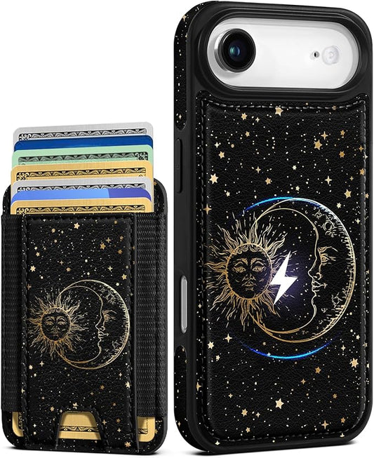 Shorogyt for iPhone Air Wallet Case - Fits 5 Cards, Compatible with Magsafe Detachable Magnetic Credit Card Holder Leather Cardholder Cute Phone Cover Women Girls for Apple 17 Air, Sun Moon