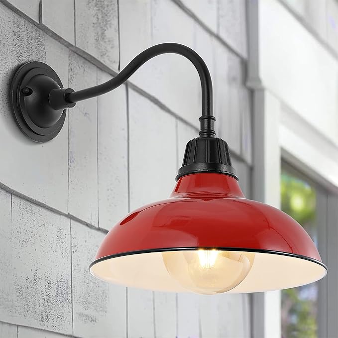 JONATHAN Y JYL7613E Aurora 12.25" 1-Light Farmhouse Industrial Indoor/Outdoor Iron LED Gooseneck Arm Outdoor Sconce Metal Bowl Shade Vintage Cottage Rustic Porch Patio Yard Barn, Red